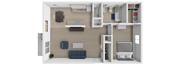 the living room of this apartment is spacious and has a lot of furniture