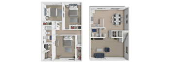 two views of a floor plan of a house with bedrooms and a living room