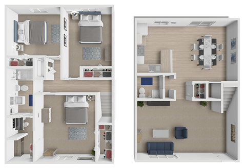 two views of a floor plan of a house with bedrooms and a living room