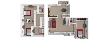 A 3D floor plan of a 4 bedroom townhome at Woodland Heights in Chillicothe.