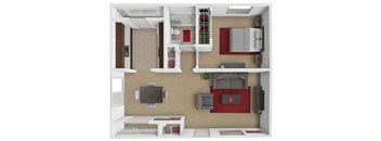 A 3D floor plan of a 1 bedroom apartment at woodland heights