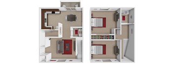 A 3D floor plan of a 2 bedroom townhome in Chillicothe, OH.