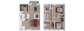 A floor plan of a 3 bedroom townhome at woodland heights