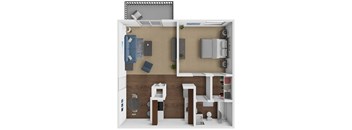 A 3D floor plan of a small apartment with a kitchen, living room, and bathroom.
