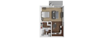 A 3D floor plan of a small apartment with a kitchen, living room, and bathroom.