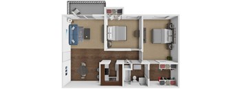 A 3D rendered image of a small apartment layout.