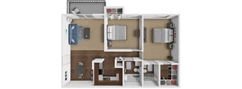 A 3D rendered image of a small apartment layout.