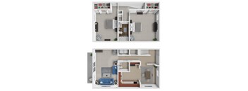 a stylized comparison of a 1 bedroom and 2 bedroom floor plan