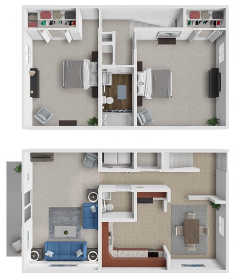 a stylized comparison of a 1 bedroom and 2 bedroom floor plan