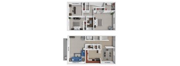a stylized 3d rendering of a bedroom and living room