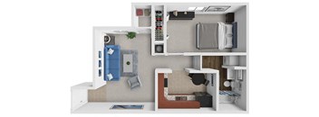 a stylized floor plan with a bedroom and a living room