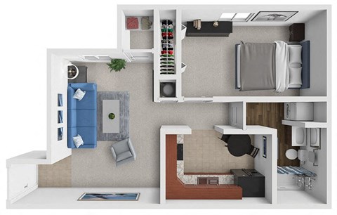 a stylized floor plan with a bedroom and a living room