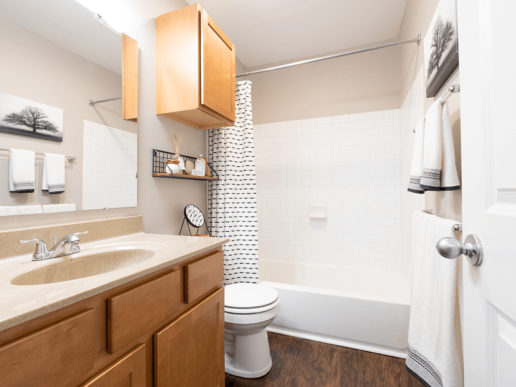 a bathroom with a toilet sink and shower and a tub