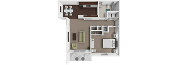 A 3D floor plan of a house with a kitchen, living room, and dining area.