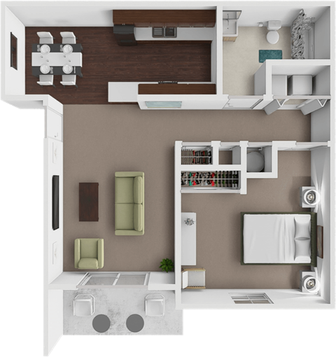 A 3D floor plan of a house with a kitchen, living room, and dining area.