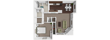 A 3D rendered image of a modern apartment layout.