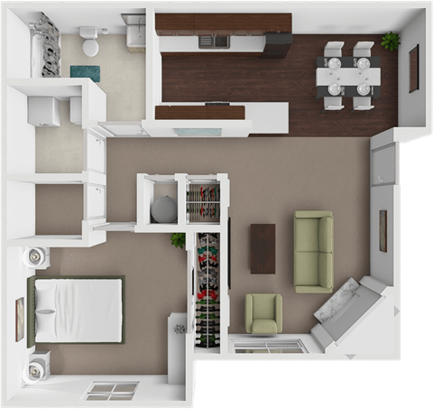 A 3D rendered image of a modern apartment layout.