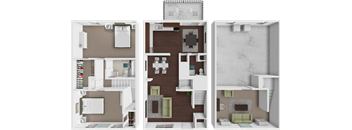 A 3D floor plan of a house with a kitchen, living room, and bathroom.