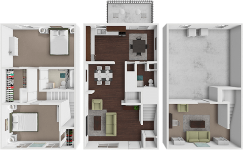 A 3D floor plan of a house with a kitchen, living room, and bathroom.