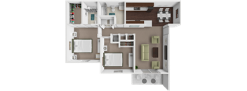 A 3D floor plan of a house showing a kitchen, living room, and bathroom.