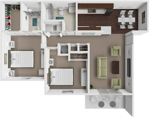 A 3D floor plan of a house showing a kitchen, living room, and bathroom.