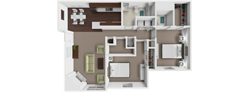 A 3D rendered image of a modern apartment layout.