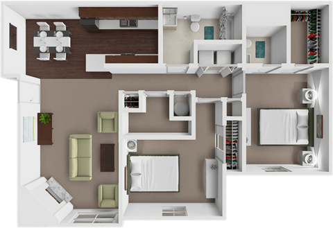 A 3D rendered image of a modern apartment layout.