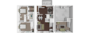 A 3D floor plan of a house with three different rooms.