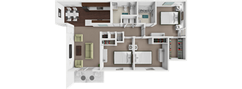 A 3D floor plan of a house showing a kitchen, living room, and bathroom.