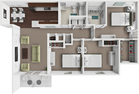 A 3D floor plan of a house showing a kitchen, living room, and bathroom.