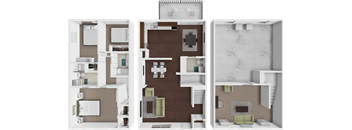 A 3D floor plan of a house with three rooms.