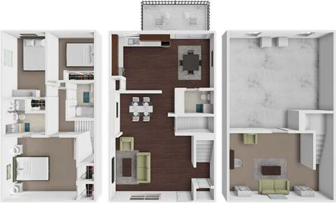 A 3D floor plan of a house with three rooms.