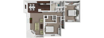 A top-down view of a modern apartment layout with a kitchen, living room, and bedroom.