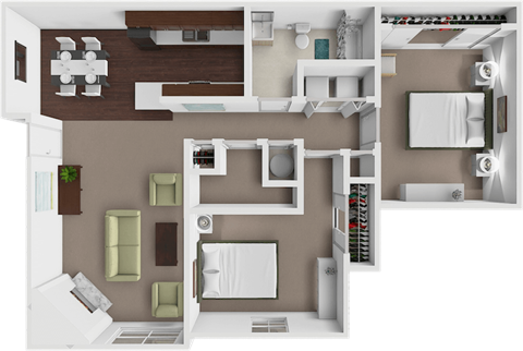 A top-down view of a modern apartment layout with a kitchen, living room, and bedroom.