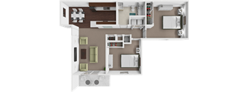 A 3D floor plan of a house showing a kitchen, living room, and two bedrooms.
