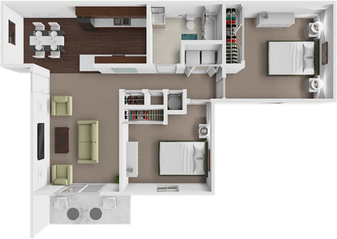 A 3D floor plan of a house showing a kitchen, living room, and two bedrooms.