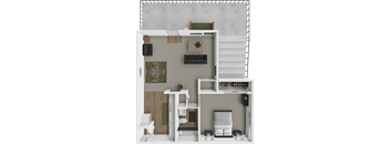 A 3D rendered image of a small apartment layout.
