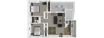 A 3D floor plan of a house showing a kitchen, living room, and bedrooms.