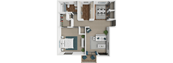 A top-down view of a small apartment with a kitchen, living room, and bathroom.