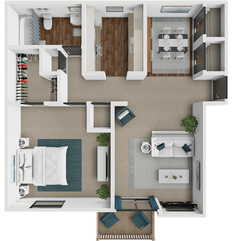A top-down view of a small apartment with a kitchen, living room, and bathroom.