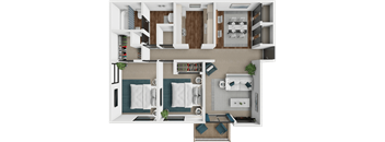 A top-down view of a modern apartment layout with a kitchen, living room, and bedroom.