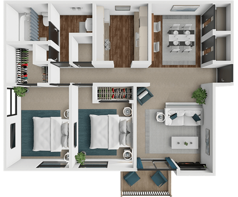 A top-down view of a modern apartment layout with a kitchen, living room, and bedroom.