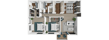 A 3D floor plan of a house with a kitchen, living room, and bathroom.
