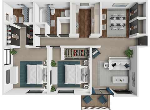 A 3D floor plan of a house with a kitchen, living room, and bathroom.