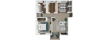 A top-down view of a modern apartment layout with a kitchen, living room, dining area, and a potted plant.