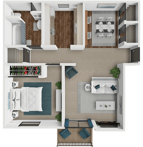 A top-down view of a modern apartment layout with a kitchen, living room, dining area, and a potted plant.
