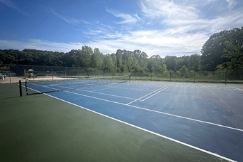 a tennis court and pickleball court on a sunny day with trees