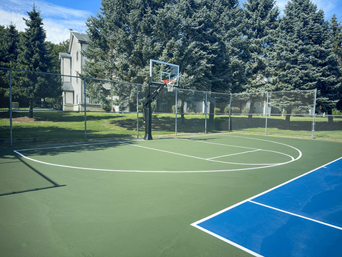 a basketball hoop on a green and blue court with a white