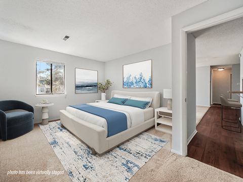 A bedroom with a large bed and a blue and white rug.