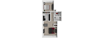 A floor plan of a small apartment with a kitchen, living room, and bathroom.